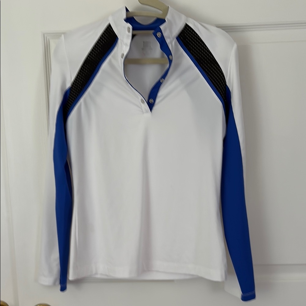 Women's White and Blue Long Sleeve Top